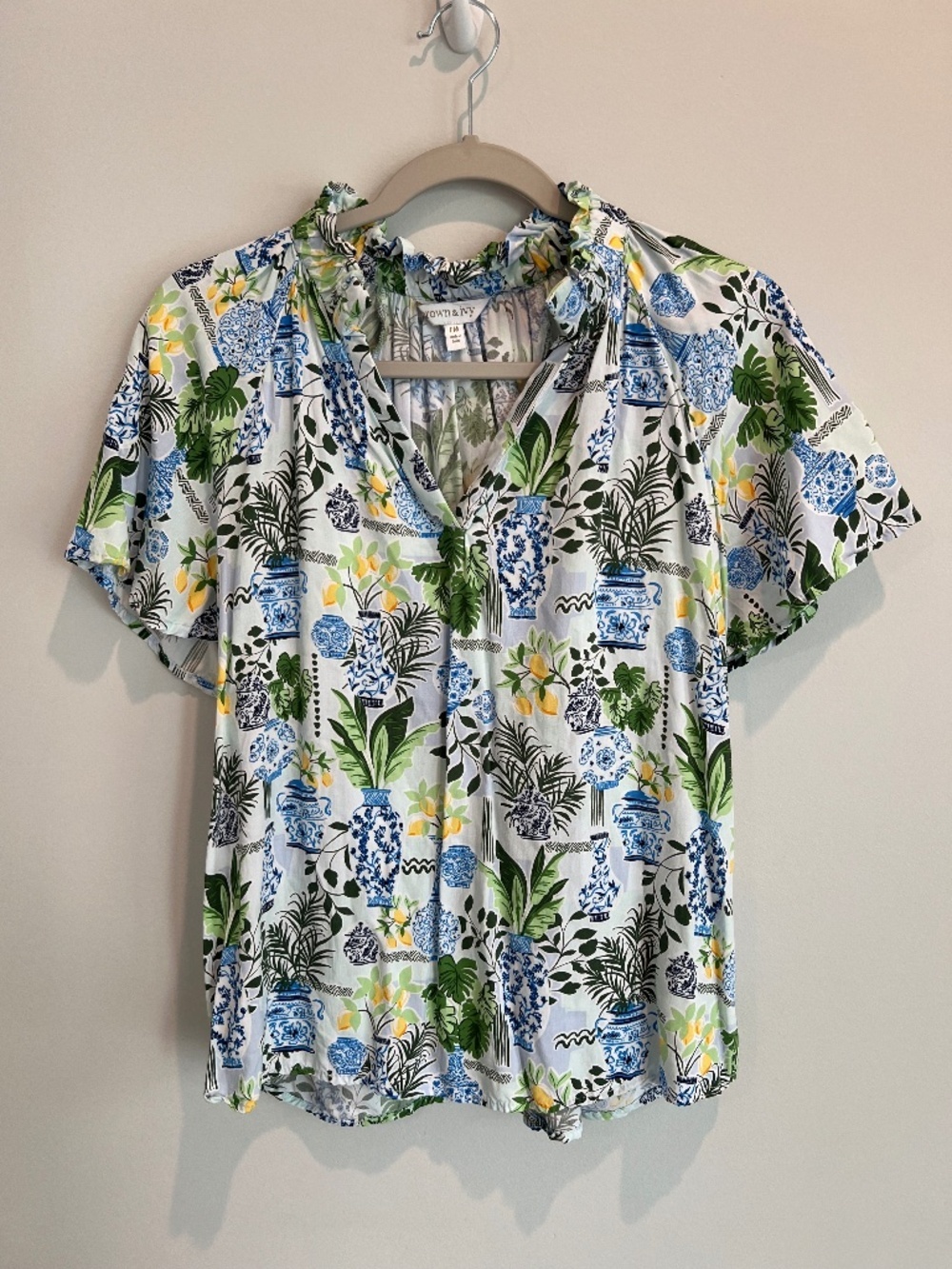 Crown & Ivy PM Ruffled Split Neck Blouse